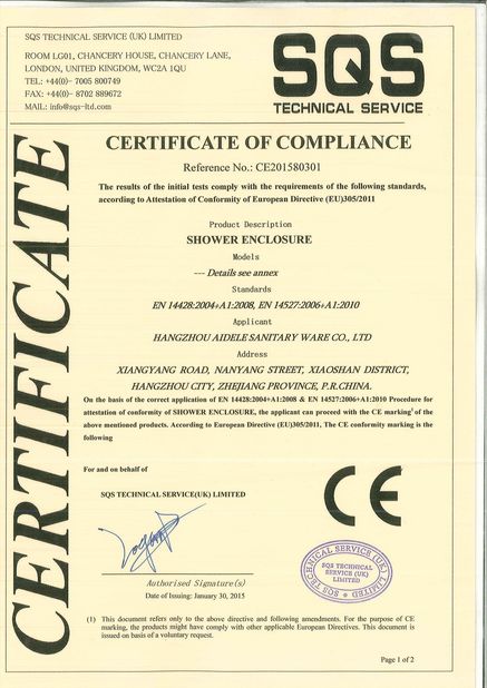 CHINA Hangzhou Aidele Sanitary Ware Co., Ltd. certificaciones
